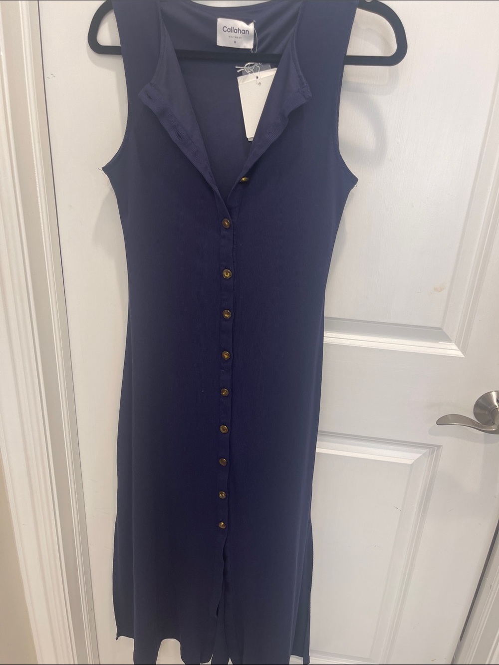 Callahan Sleeveless Midi Dress in Navy with Button Front